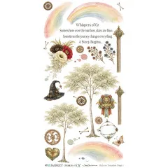 Rub-On-Bogen mit Pastell-Regenbögen, Bäumen, Hexenhut, Blumenstrauß und Zitaten wie A Story Begins