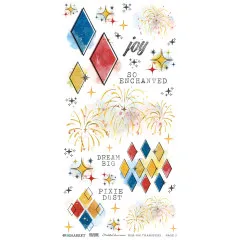Rub-On-Bogen 2 mit funkelnden Rauten in Blau, Rot und Gold sowie den Schriftzügen „Joy" und „Pixie Dust".