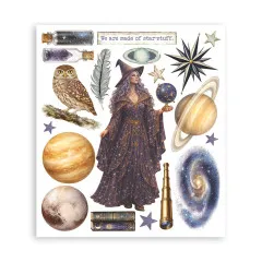 Rub-on-Bogen mit Sternenhexe, Eule, Planeten, Galaxie, Fernrohr und Sternenglas