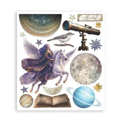 Rub-on-Bogen mit Reiterin auf Pegasus, Teleskop, Vogel, Planeten und aufgeschlagenem Buch