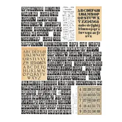 Rub-On-Motivbogen mit gestempelten Wörtern wie 'Together' und 'Love You' sowie zwei Alphabet-Schablonen in Schwarz und Beige.