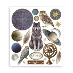 Rub-on-Bogen mit Wolf, Sternkarte, Eule, Falke, Planeten und Armillarsphäre