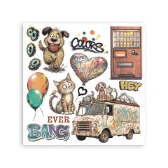 Rub-On-Bogen mit Hund, Katze, Graffiti-Lieferwagen, Automat, Herz und Bang