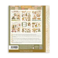 Rückseite Stamperia Rub-On Cozy Family mit Anwendungsanleitung in mehreren Sprachen und 6 Transferfolien Übersicht