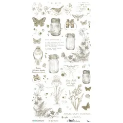 Rub-On-Bogen 1 in Sepia mit Schmetterling, Rotkehlchen, Einmachgläsern und dem Text „Field Observations".