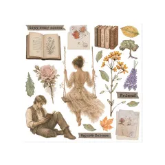 Rub-On Transfer Bogen 3 mit Frauendarstellungen, Uhren, Schmetterlingen, Blüten, Bücher und romantische Verzierungen in Vintage-Stil