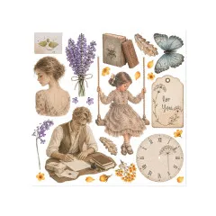 Rub-On Transfer Bogen 6 mit Frauen beim Schreiben, Lavender-Motiven, Uhren, Schmetterlinge und nostalgische Dekoration-Elemente