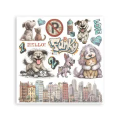 Rub-On-Bogen mit Hunden, Katze, Parkverbotsschild, Skyline und Funky