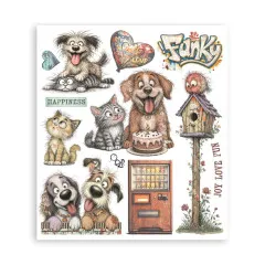 Rub-On-Bogen mit Hunden, Katzen mit Torte, Vogelhaus, Automat und Funky