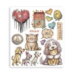 Rub-On-Bogen mit grummeliger Katze, Hunden, Briefkasten, Peace-Zeichen und Hello