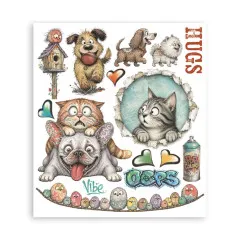 Rub-On-Bogen mit Katzen auf Bulldogge, Vogelhaus, Spraydose, Oops und Hugs