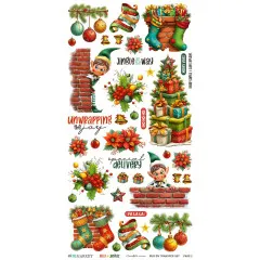 Rub-On-Bogen mit Elfen hinter Mauer, Strümpfen, Geschenken und Sprüchen wie Jingle all the way