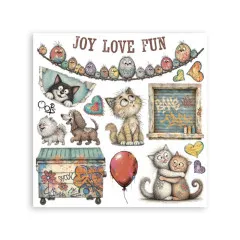 Rub-On-Bogen mit Vogelgirlande, Katzen, Hund, Müllcontainer und Joy Love Fun