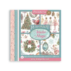 Verpackung des Stamperia Rub-on Kits Winter Magic mit 6 Transferfolien-Seiten, Motive: Weihnachtsbaum mit Nussknacker, Ballerinas und Kranz.