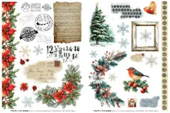 Zwei Rub-On-Bögen mit Poinsettienranken, Weihnachtsbaum, Rotkehlchen, Schneeflocken, Postmarken und Vintage-Notenblatt.