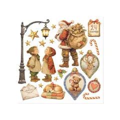 Rub-on-Bogen mit Straßenlaterne, Elfenkindern, Santa und Adventskalenderblatt.