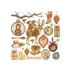 Rub-on-Bogen mit Elfenkindern auf Rentier, strickendem Mädchen und 'für Santa'-Keksen.