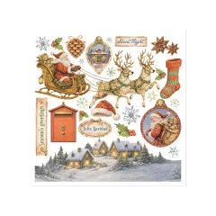 Rub-on-Bogen mit Santas Rentierschlitten, Dorfhäusern und Schriftzug 'Feliz Navidad'.