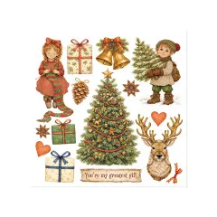 Rub-on-Bogen mit strickendem Mädchen, Elfenjunge mit Baum und Hirsch.