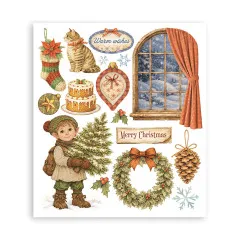 Rub-on-Bogen mit Weihnachtsstern, Strumpf, Katze und Schriftzug 'Merry Christmas'.