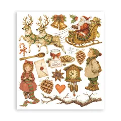 Rub-on-Bogen mit Santas Rentierschlitten, Glocken, Kuckucksuhr und strickendem Mädchen.