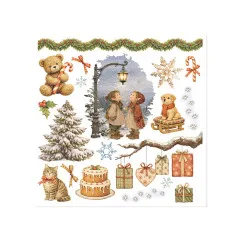 Rub-on-Bogen mit Teddy, Zuckerstange, Straßenlaterne und Elfenkindern.