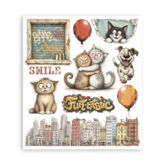 Rub-On-Bogen mit Graffiti-Fenster, kuschelnden Katzen, Skyline, Ballons und Smile