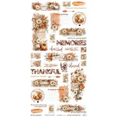 Rub-On-Bogen mit Herbstblumen-Bordüren und Sprüchen wie Memories, Thankful, Blessed und Family