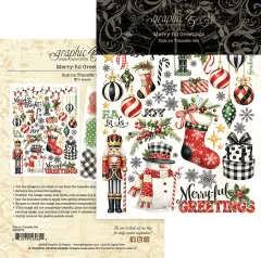 Graphic 45 Rub-On Transfer Set Merry-ful Greetings mit 2 Bögen: Nussknacker, Weihnachtskugeln, Schneemänner, Strümpfe, Karomuster in Rot, Grün und Schwarz-Weiß, Holzspatel zum Übertragen