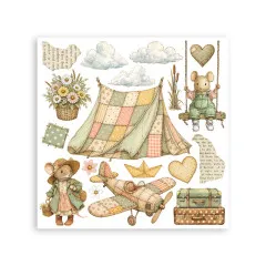 Rub-on Blatt mit Maus-Familie im Zelt, auf Schaukel, mit Heißluftballon und Blüten-Motiven