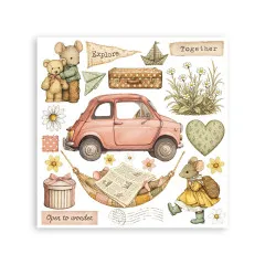 Rub-on Blatt mit Maus-Paar im Auto, Text Together, Erkundungs-Flagge und Blüten-Motive