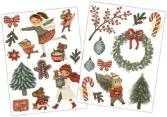 Zwei Rub-On-Transferbögen mit Beeren, Kranz, Zuckerstangen, Christbaumkugeln und Hasen-Motiv