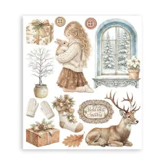 Rub-on-Bogen mit Mädchen mit Kaninchen, Birke und Fenster mit Poinsettia.