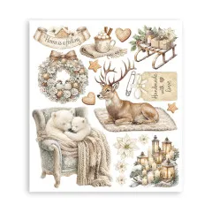 Rub-on-Bogen mit Eisbären im Sessel, Reh und Kranz, Schriftzug 'Home is a feeling'.