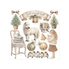 Rub-on-Bogen mit Pony, Laterne, Panettone und Mädchen mit Kaninchen.