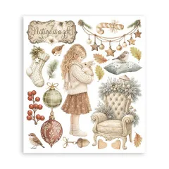 Rub-on-Bogen mit Mädchen, Kaninchen, Strumpf und Sessel-Girlande, Schriftzug 'Nature is a gift'.