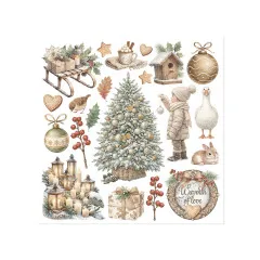 Rub-on-Bogen mit Schlitten, Baum und Laternen, Schriftzug 'Warmth of love'.
