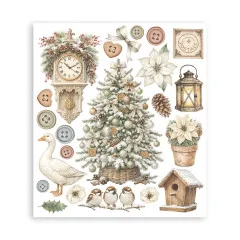 Rub-on-Bogen mit Uhr, geschmücktem Weihnachtsbaum, Laterne und Poinsettia.