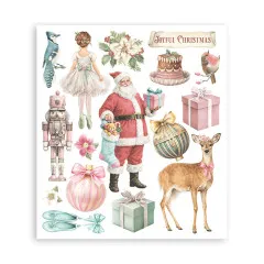 Rub-on-Bogen mit Ballerina, Santa mit Strumpf und Reh, Schriftzug 'Joyful Christmas'.