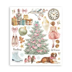 Rub-on-Bogen mit Nussknacker, Uhr, Ballerina und Weihnachtsbaum, Schriftzug 'Kindness'.