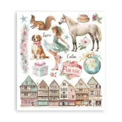 Rub-on-Bogen mit Eichhörnchen, Hund, Pferd und Häuserzeile, Schriftzug 'Love'/'Calm'.