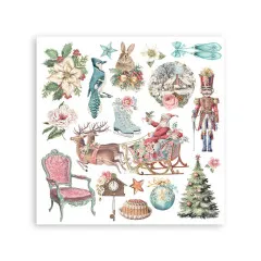 Rub-on-Bogen mit Santa im Schlitten, Nussknacker, Sessel und Kuckucksuhr.