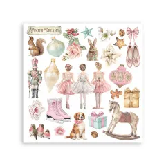 Rub-on-Bogen mit Eichhörnchen, Ballerinas, Schlittschuhen und Schaukelpferd, Schriftzug 'Winter Dreams'.