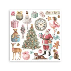 Rub-on-Bogen mit Ballerina, Uhr, Geschenkboxen und Santa mit Strumpf, Schriftzug 'With Love'.