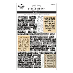 Verpackung der Rub-Ons Noted Details mit Wortstempeln, Alphabet-Schablonen und einem Bingo-Zahlenraster.