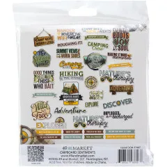 Rückseite der Verpackung mit Übersicht aller Chipboard-Sprüche wie „Nature's Therapy" und „Adventure Awaits".