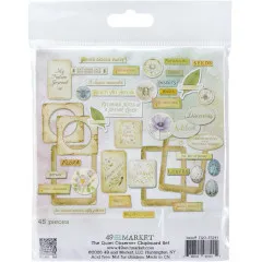 Rückseite der Verpackung mit Übersicht aller 45 Chipboard-Teile wie Rahmen, Etiketten und beschriftete Wortschilder.