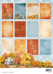 Rückseite des Papierblocks mit Übersicht weiterer Hintergrundmotive sowie einer herbstlichen Landhausszene am unteren Rand