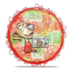 Runde Karte im Briefmarken-Collagen-Design 'North Pole Express' mit Hund
