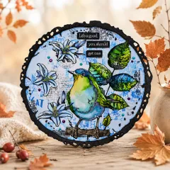 Runde Karte mit Vögeln und Blüten Motiven aus dem Stempelset